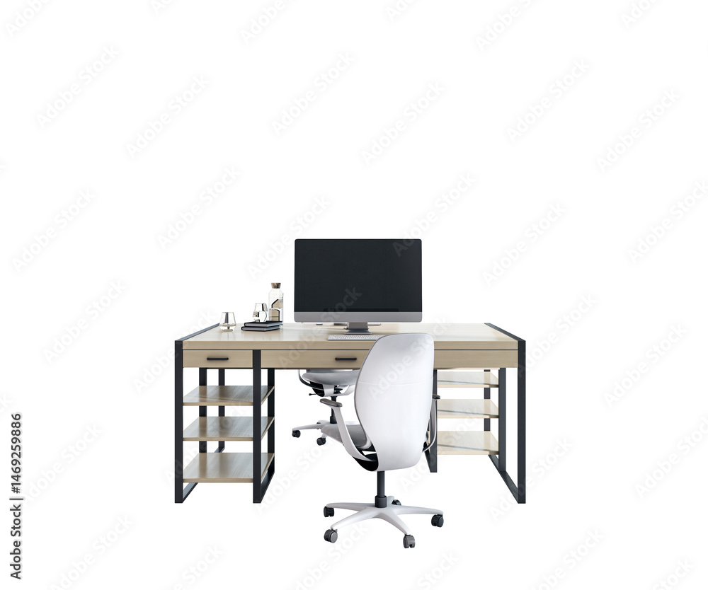 Poster contemporary office desk setup with computer monitor, swivel chair, and accessories in closeup style