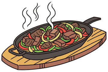 73 meat stir fry, steaming hot dish, sizzling vegetables, juicy beef, wooden serving plate, appetizing food, savory aroma, tasty meal, delicious dinner, mouth-watering presentation