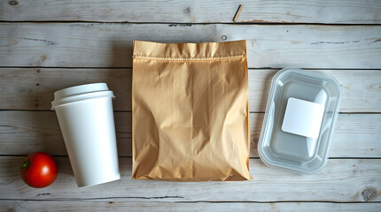 Lunch delivery with paper bag, tomato, coffee cup and plastic container on wooden table