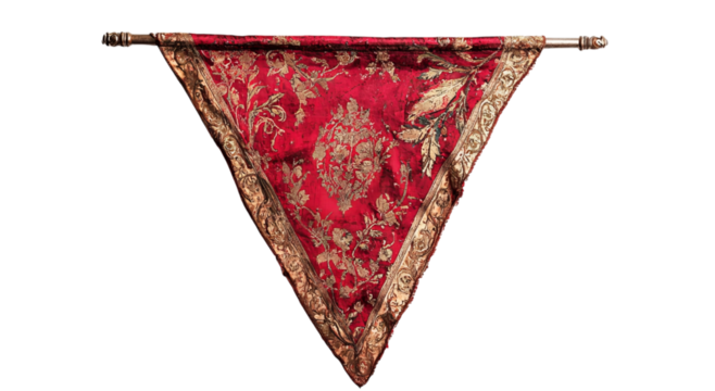 Png of Elegant red and gold draped fabric featuring intricate patterns, ideal for vintage decor or luxurious textiles.