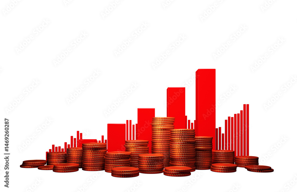 Aufkleber Stacked red coins and rising red bar chart elements in closeup style on a white isolated background, symbolizing financial growth and capital. 3D Rendering.