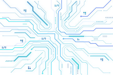 Abstract blue circuit board layout with glowing lines and nodes, isolated on white background. Concept of digital tech communication. 3D Rendering