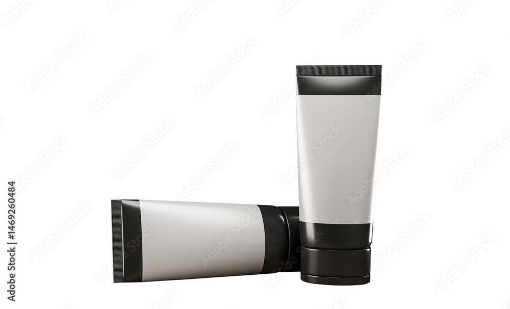 Poster two blank cosmetic cream tubes mockup with black caps shown on isolated white background, 3d renderi