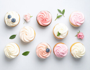 Flatlay of cupcakes on studio still life backgrounds 