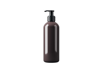 Dark brown plastic dispenser bottle with pump cap isolated on clean white background. 3D Rendering for product mockup, branding, and presentation