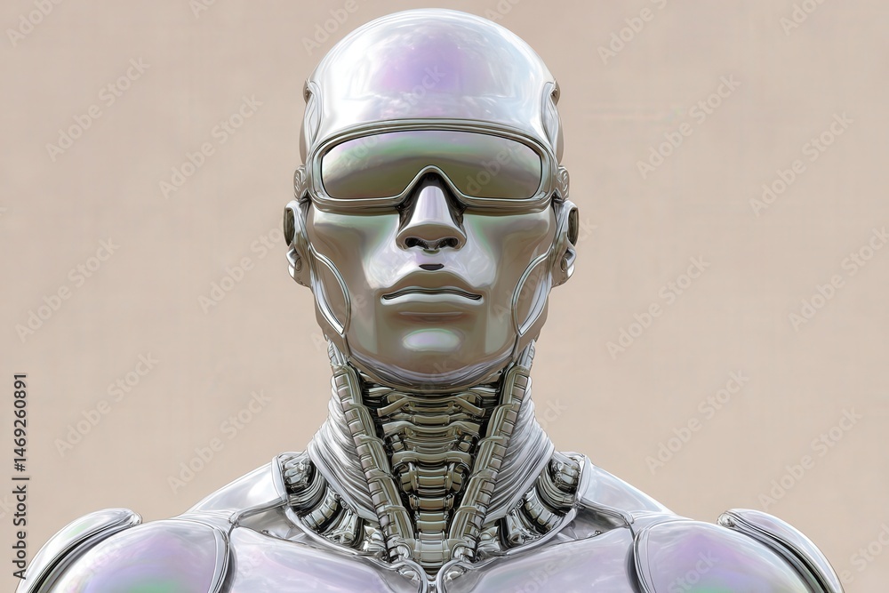 Poster futuristic humanoid robot with metallic finish and sleek design showcasing advanced technology enhan