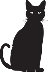 Silhouette of a Sitting Black Cat with Upright Tail on White Background
