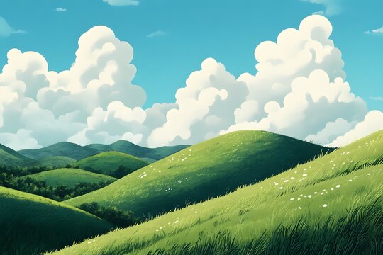 Lush green rolling hills beneath a bright blue sky and fluffy white cumulus clouds