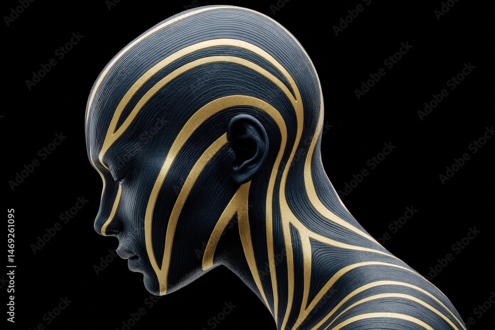 Poster artistic portrayal of a human figure adorned with abstract golden patterns on a deep black backgroun