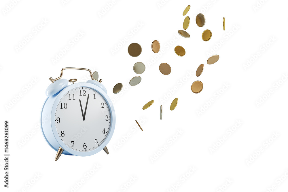 Poster blue alarm clock with scattered flying coins, isolated on white background, clean cutout layout, sym