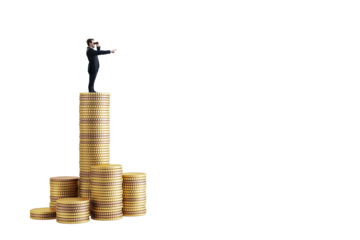 Businessman on gold coin stacks using binoculars, isolated on white background, symbolizing investment strategy, vision, and financial planning