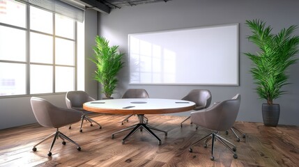 A stylish conference room setup with a circular table, high-end chairs, and a whiteboard on the wall for brainstorming sessions.
