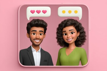 Engaging animated couple communicating through a smartphone interface with heart emojis and chat icons symbolizing modern relationships and digital connections in a playful setting