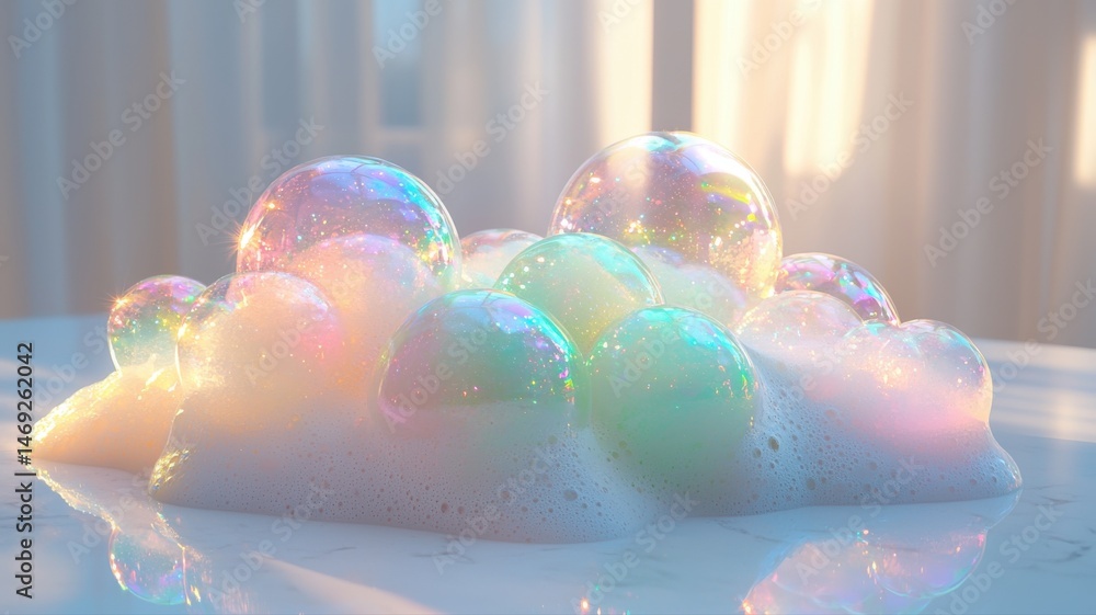 Poster iridescent soap bubbles and foam illuminated by sunlight - abstract background texture bubbles foam