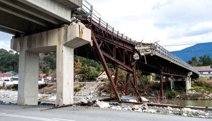 Damaged Concrete Bridge Over River After Disaster