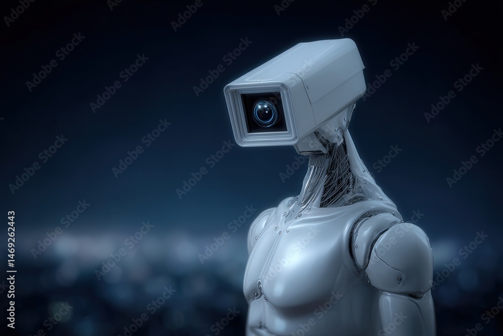 Aufkleber futuristic humanoid robot with integrated camera lens showcasing advanced robotics against a dark ur