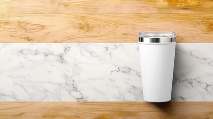 A top-view mockup of a tumbler with a customizable graphic, sitting on a textured background like a wooden desk or marble surface.