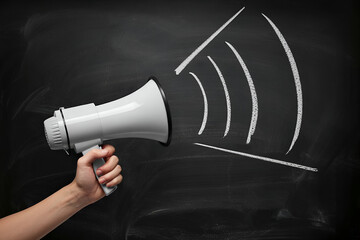 White megaphone with chalk sound waves on blackboard