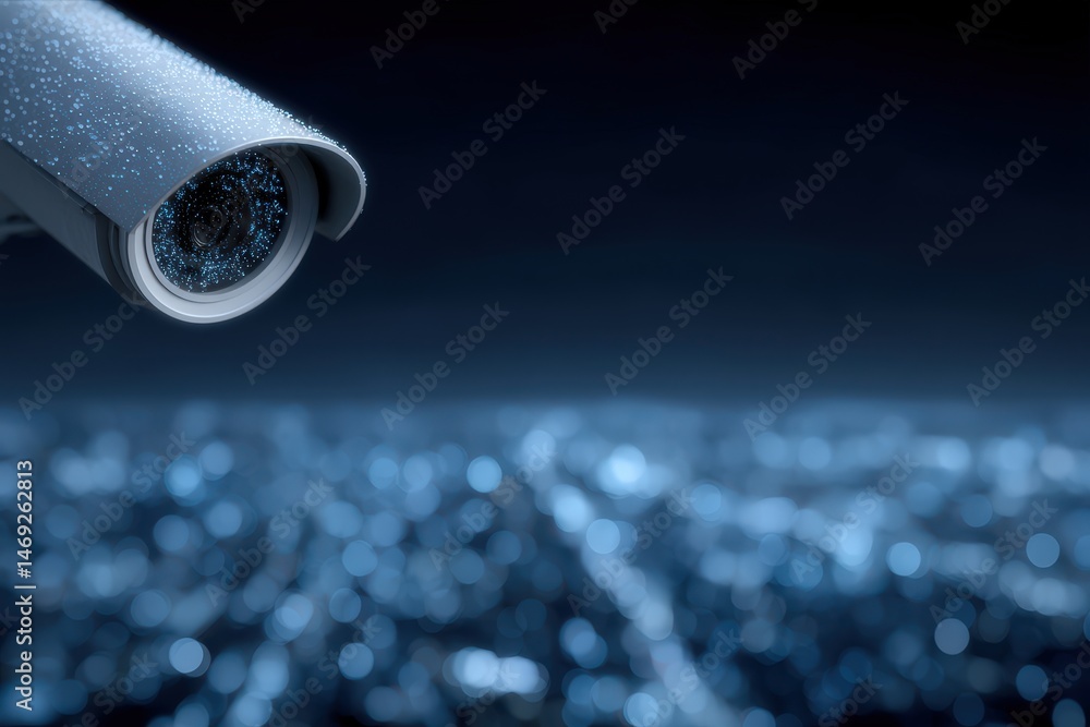 Poster security camera monitoring an urban landscape illuminated by bright lights capturing high-resolution