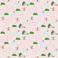 Travel and Adventure Seamless Vector Pattern on Pink Pastel Background
