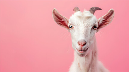 Close-up portrait of a white goat on a pink background with copy space