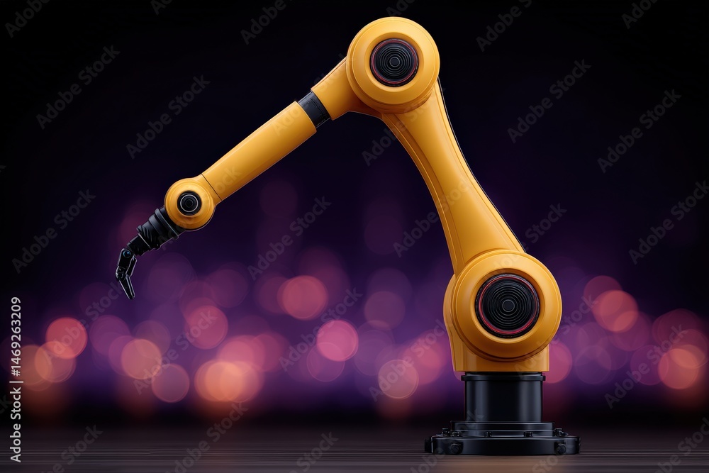Poster yellow robotic arm in a sleek design with vibrant bokeh backdrop representing technological advancem