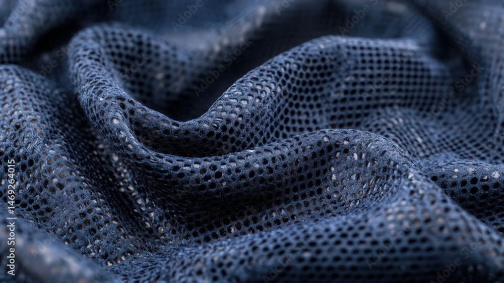 Poster close up of dark blue fishnet fabric shimmering with threads creating a textured abstract surface