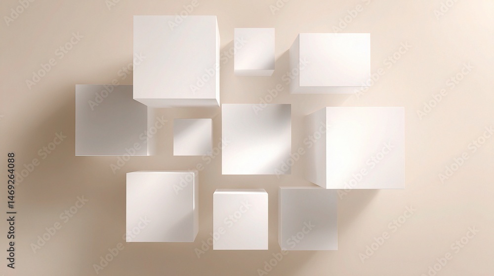 Poster white floating cubes casting overlapping shadows on light surface