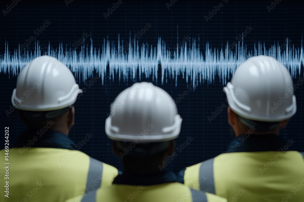 Poster engineers analyzing soundwave frequency patterns on digital display highlighting construction safety
