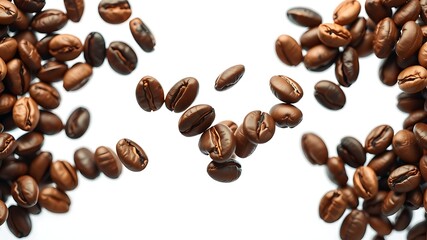 Macro shot of roasted coffee beans scattered on a clean white background for design.