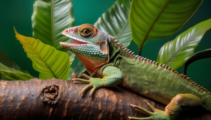 Obraz premium a close up shot of the lizard s face its focused eyes and mouth open as it rests on leaves