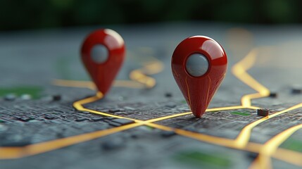 Map locations Red pins mark path on textured surface