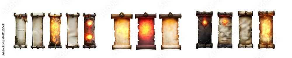 Poster set of ancient magical scrolls with flames and glowing runes isolated on transparent background