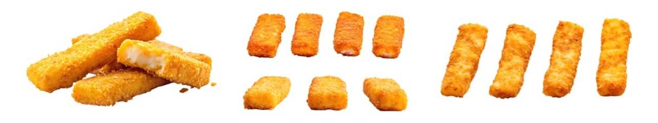 Collection of golden-brown, fried food pieces, likely breaded, are arranged in a visually appealing way.