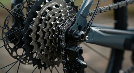 Bicycle rear wheel close up detailing gear system and chain