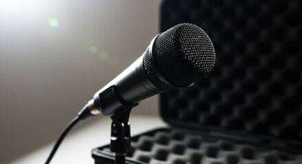 Black microphone on stand for audio recording studio equipment