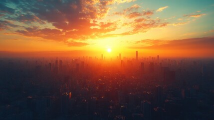 Dramatic Sunset Over Cityscape Urban Skyline at Golden Hour Aerial View