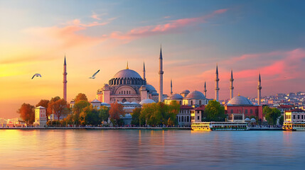 Obraz premium Istanbul Ayasofya Mosque Sunset Panorama