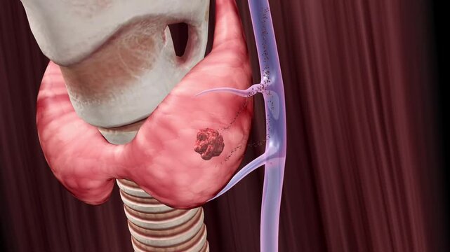 Treatment of thyroid nodules, nodules disappear, discharged from the body through blood vessels, hyperthyroidism, thyroid enlargement, endocrine diseases, 3D animation.