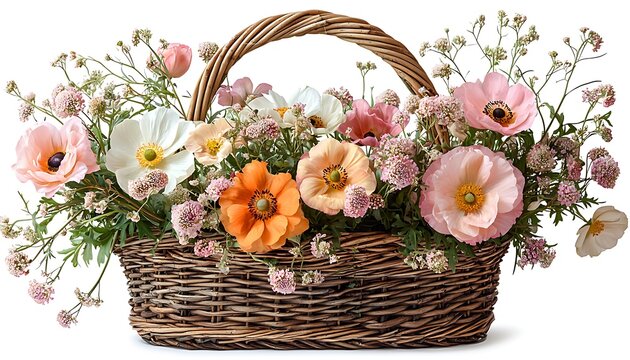 Colorful floral arrangement in a wicker basket.