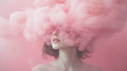 Naklejka premium Dreamy pink ethereal portrait of a woman enveloped in soft, hazy smoke