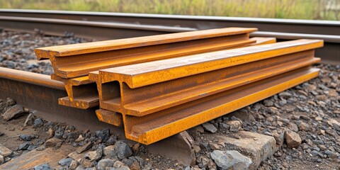 Rust-colored railway track support beams