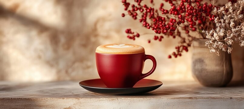 Maroon ceramic coffee cup with foamy top on matte saucer against neutral surface highlighting soft lighting comfort mood warm tones and tasteful beverage presentation,
