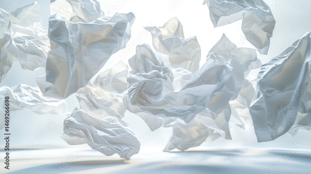 Poster crumpled white paper tissues falling or floating on light background falling floating white light ai