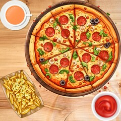 Delicious Pizza Feast with Pepperoni, Fries, and Drink