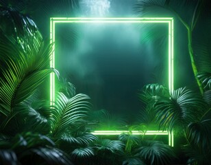 neon frame with square white and green lights large exotic leaves and smoky depth in a sci fi greenhouse copy space generative ai