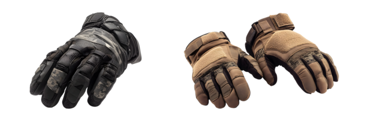 Two different colored work gloves are displayed, one dark black and the other light beige.