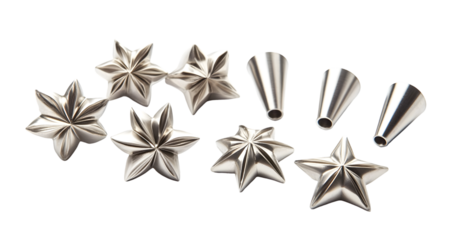 collection of stylized star shapes arranged in a complex composition. Metallic silver tones