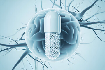 White capsule with beads in transparent brain model