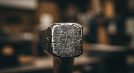Close up of a worn metal hammer with detailed texture in workshop setting